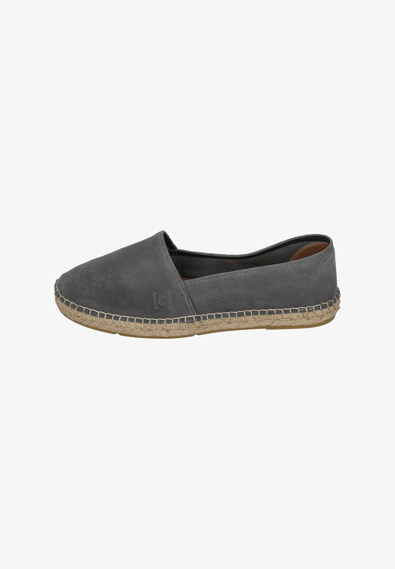 Gray suede slip-on shoe with a rounded toe, jute rope detailing around the sole, and a smooth inner lining. Minimal branding on the side.