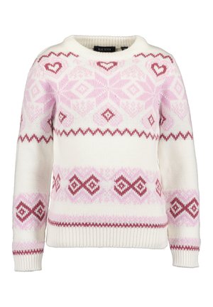 Biały dziergany sweter z różowo-czerwonymi geometrycznymi wzorami i sercami, z prążkowanymi mankietami i dołem oraz okrągłym dekoltem.