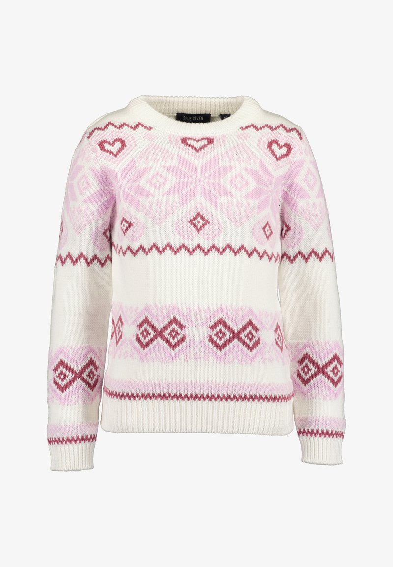 Pull en maille blanche avec motifs géométriques et cœurs roses et rouges, doté de poignets et d'un ourlet côtelés, col rond.