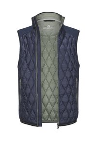 Gesteppte Weste mit navyblauer Außenseite und hellgrünem Innenfutter, mit einem Diamantsteppmuster, Reißverschluss und Seitentaschen.