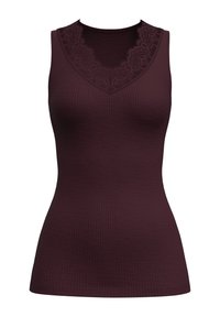 Bordeaux mouwloze tanktop van textuur ribbelstof met een V-halslijn afgewerkt met kant. Strakke pasvorm zonder extra versieringen.