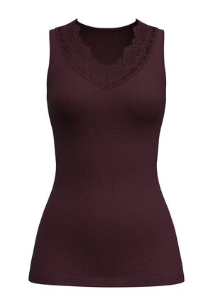 Burgundy sleeveless tank top with textured ribbed fabric and a lace-trimmed V-neckline. Fitted design without additional embellishments.
