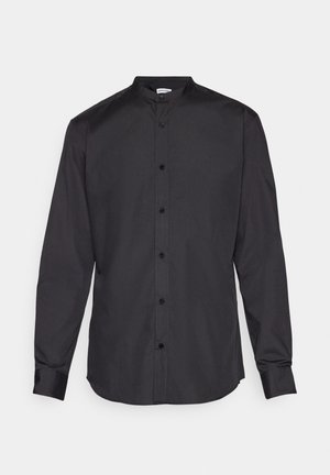 Chemise noire à boutons avec manches longues, col mandarin et texture lisse. Présente des boutons sur le devant et un design ajusté.