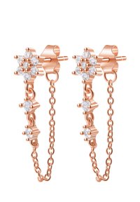 Ohrringe aus Roségold mit einem floralen Design, verziert mit klaren Kristallen, die von einer zarten Kette hängen. Die Ohrringe sind mit Steckern gesichert.