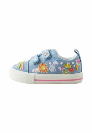 Light blue toddler sneaker with Velcro straps, decorated with colorful embroidered designs including a sun, unicorn, bee, ice cream, and flowers.