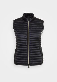 Gilet imbottito senza maniche nero con colletto alto, motivo trapuntato, chiusura frontale con zip e una superficie liscia.