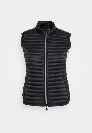 Black sleeveless puffer vest with a high collar, quilted pattern, front zipper closure, and a smooth texture.