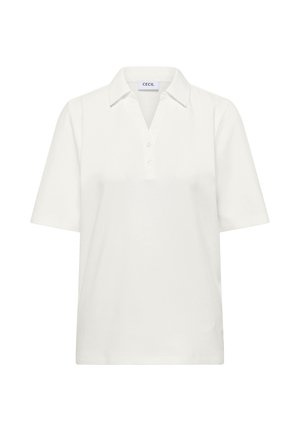 Polo blanc à manches courtes avec col et patte de boutonnage à trois boutons, étiquette "CECIL" à l'intérieur de l'encolure.