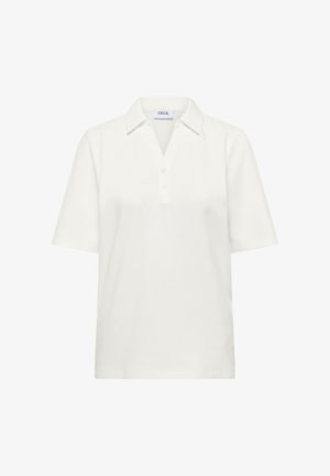 Polo blanc à manches courtes avec col et patte de boutonnage à trois boutons, étiquette "CECIL" à l'intérieur de l'encolure.