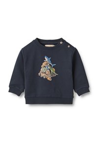 Felpa blu navy in morbido cotone, con un design ricamato di un dinosauro, uno squalo e veicoli. Bottoni a pressione sulla spalla.