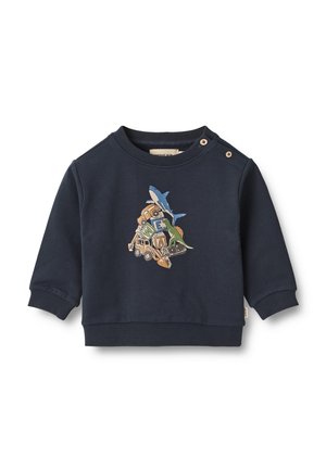 Navyblaues Sweatshirt aus weicher Baumwolle mit einem gestickten Design eines Dinosauriers, eines Hais und Fahrzeugen. Druckknöpfe an der Schulter.