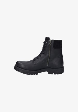 Bottines noires en cuir avec une finition lisse. Elles présentent à la fois des lacets et une fermeture éclair sur le côté, avec une semelle en caoutchouc texturée.
