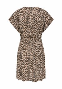 Robe à manches courtes avec taille cintrée et motif léopard beige, noir et marron, vue de dos.