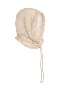 Beżowy, okrągły kaptur z dzianiny, o teksturowanej powierzchni i regulowanym sznurkiem u podstawy. Lekki i miękko się układa.
