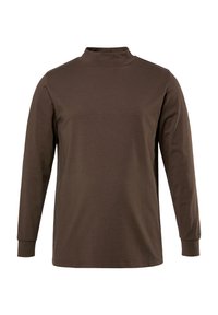 Brun langærmet mock neck top lavet af blødt materiale, med en lige pasform, minimale sømme og tætsiddende manchetter.