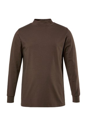 Maglione marrone a maniche lunghe con collo alto, realizzato in materiale morbido, caratterizzato da una vestibilità dritta, cuciture minime e polsini aderenti.
