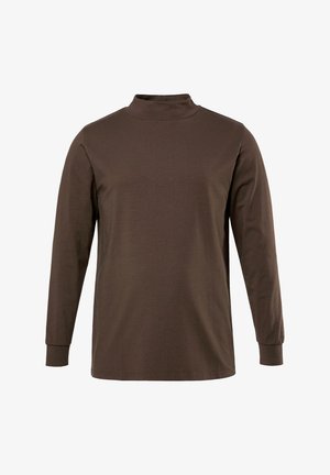 Ruskea pitkähihaisen mock neck -paita, joka on valmistettu pehmeästä materiaalista. Paidassa on suora malli, vähäiset saumat ja istuvat hihansuut.