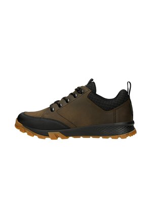 Scarpa da trekking marrone a taglio basso con collo in mesh nero, occhielli in metallo e suola in gomma marrone chiaro robusta, mostrata di profilo su sfondo bianco.