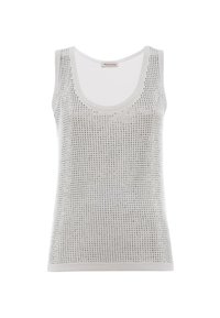 Top senza maniche grigio chiaro con scollatura a cuore, caratterizzato da una superficie testurizzata ricoperta di paillettes per un dettaglio decorativo.