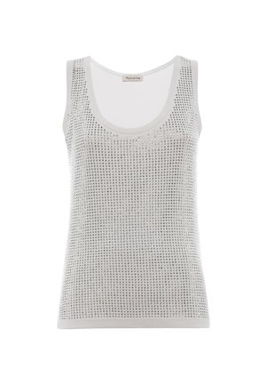 Light grey tank top featuring a scoop neckline with a textured surface covered in sequins for decorative detail.
