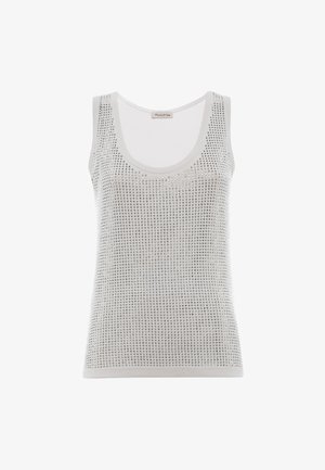 Light grey tank top featuring a scoop neckline with a textured surface covered in sequins for decorative detail.