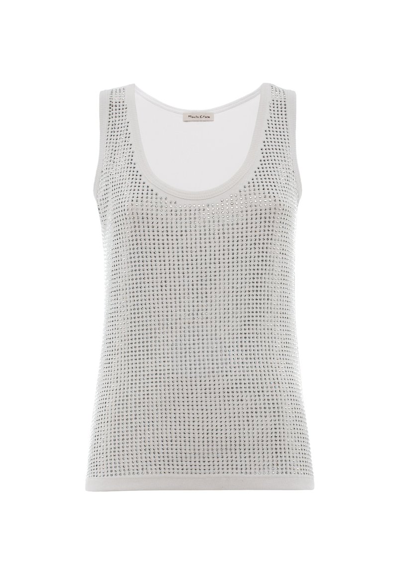 Top senza maniche grigio chiaro con scollatura a cuore, caratterizzato da una superficie testurizzata ricoperta di paillettes per un dettaglio decorativo.