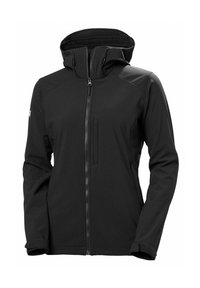 Zwarte softshell jas met ritssluiting, verstelbare capuchon en zijzakken. Glad textuur met een getailleerd ontwerp en minimalistische stijl.