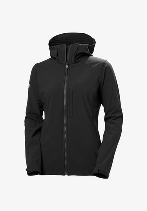 Black softshell jacket featuring a zip closure, adjustable hood, and side pockets. Smooth texture with a fitted design and minimalistic style.