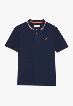 Polo shirt blu navy in cotone, con patta a due bottoni, colletto a contrasto bianco e arancione, e logo arancione sul petto.