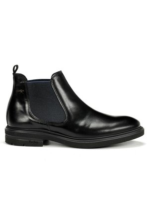 Botín negro de cuero hasta el tobillo con paneles elásticos laterales, tela texturizada azul marino, lengüeta y suela de goma con marca en el lateral.