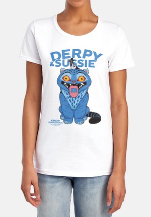 White T-shirt with a cartoon blue cat with wide orange eyes, sticking out its tongue with a small character on it, and text "Derpy & Sussie."