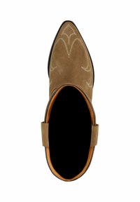 Brown suede cowboy boot with a pointed toe, decorative white stitching, and a tan interior. Features a mid-calf height and side detailing.
