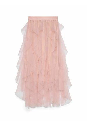 Ριχτό ροζ τούλινο φούστα με ρουαριστό σχέδιο, διαθέτοντας μια συμπαγή μέση και μια διαφανή, ρέουσα υφή σε όλη την επιφάνεια.