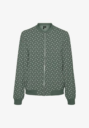 Grøn bomberjakke med et hvidt prikket mønster, frontlynlås, ribbede manchetter og kant. Lavet af glat stof med en afslappet pasform.