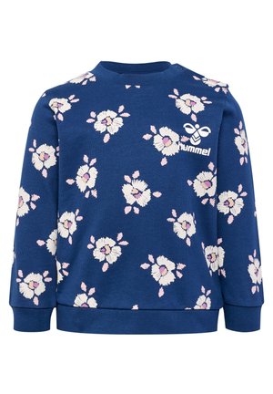 Blå sweatshirt med hvidt og pink blomsterdesign, rund halsudskæring, lange ærmer og logo på fronten. Blødt materiale, casual design.