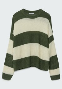 Green and cream striped knitted sweater with a round neckline, wide sleeves, and a cropped fit. Textured pattern throughout.