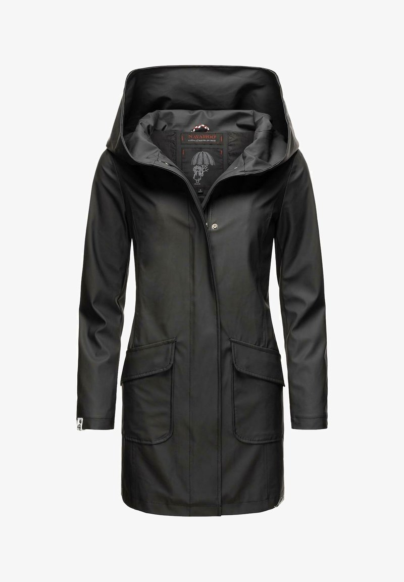 Zwarte waterdichte regenjas voor vrouwen met een grote capuchon, een voorrits bedekt door een drukknopenlijst en twee klepzakken.