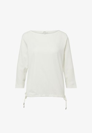 Weißes Langarmshirt mit U-Boot-Ausschnitt und verstellbaren Seitenschnüren am Saum, aus strukturiertem Stoff gefertigt.