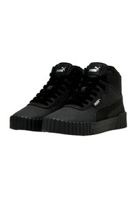 Adidași negri, cu glezna înaltă, cu o suprafață texturată, vârf rotund, talpă groasă cu dungi și un sistem de șireturi proeminent. Logo-ul Puma pe limbă și în lateral.