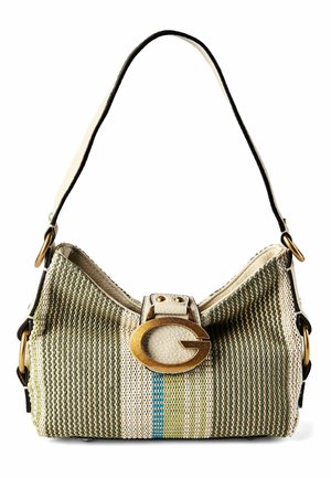 Kleine gewebte Handtasche mit grünen, beigen und blauen Streifen, weißen Lederbesätzen, goldfarbenem Schnallenverschluss und einem einzelnen schwarzen Schulterriemen.