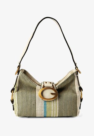 Petit sac à main tissé avec des rayures vertes, beiges et bleues, garniture en cuir blanc, boucle dorée et une seule bandoulière noire.