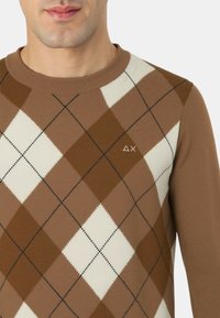 Maglione a fantasia argyle marrone e crema con scollo a girocollo a coste. Presenta un piccolo logo nell'angolo in alto a sinistra e una texture liscia.