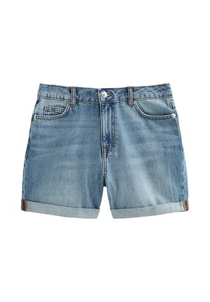 Lichtblauwe denimshorts met opgerolde boorden, knopen en rits aan de voorkant, lussen voor een riem en zakken aan de voor- en achterkant.