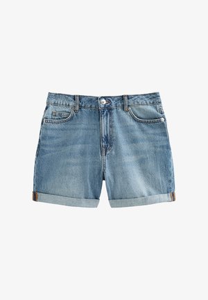 Lichtblauwe denimshorts met opgerolde boorden, knopen en rits aan de voorkant, lussen voor een riem en zakken aan de voor- en achterkant.