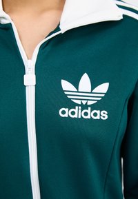 Närbild av en grön zip-up-jacka med en vit Adidas-logotyp som har tre löv och ränder längs kragen.