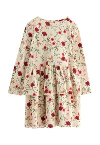 Beżowa sukienka dla dzieci z długim rękawem, ozdobiona wzorem czerwonych kwiatów, zielonych liści oraz małych jelonków, z falbaną w talii.