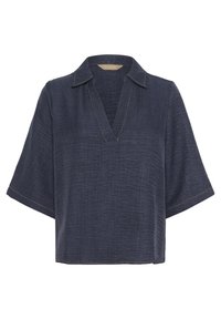 Top blu scuro a maniche corte con una finitura testurizzata, caratterizzato da un scollo a V e cuciture gialle a contrasto lungo i bordi.