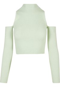 Hellgrünes, geripptes Strickcroptop mit hohem Halsausschnitt und Cold-Shoulder-Design, langen, enganliegenden Ärmeln und einer glatten Textur.