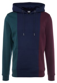 Felpa con cappuccio di colore blu scuro, teal e bordeaux, con cappuccio regolabile e tasca anteriore a marsupio, realizzata in morbido materiale misto cotone.