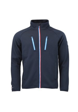 Navy blue fleece jacket with high collar, front zipper with red, white, and blue trim, and two vertical zippered chest pockets.